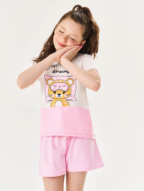 Pijama Infantil Menina Blusa E Short Ursinho Poá Natural E Rosa Cinti