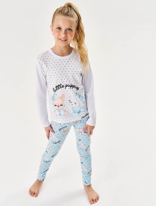 Pijama Infantil Menina Blusa E Legging Cachorrinhos Branco E Azul Cinti