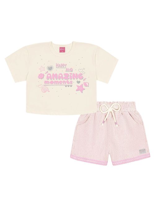 Conjunto Infantil Menina Blusa Cropped E Short Amazing Natural E Rosa Cinti