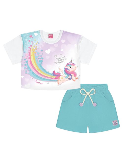 Conjunto Infantil Menina Blusa Cropped E Short Unicórnio Branco E Azul Cinti