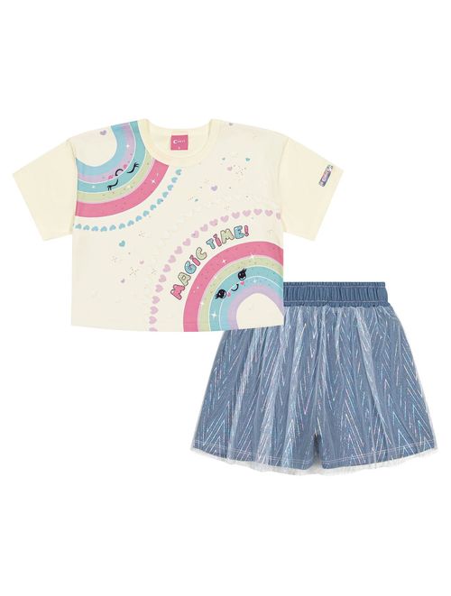 Conjunto Infantil Menina Blusa Cropped Arco-Íris E Short Com Tule  Natural E Azul Jeans Cinti