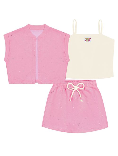 Conjunto Infantil Menina Blusa, Short-Saia E Colete Natural E Rosa Cinti