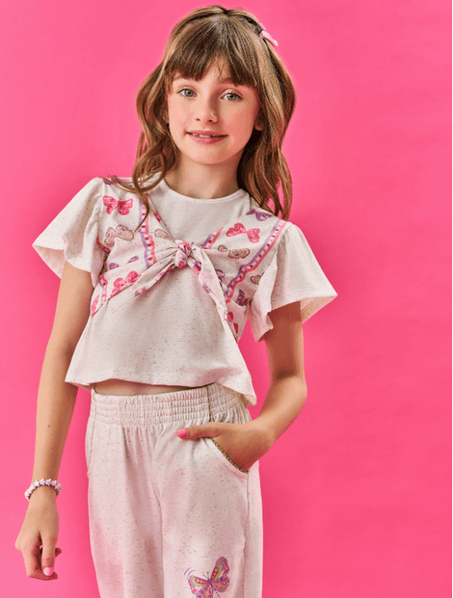 Conjunto Infantil Menina Blusa Cropped E Calça Wide Leg Borboletas Off White Cinti