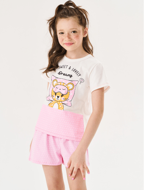 Pijama Infantil Menina Blusa E Short Ursinho Poá Natural E Rosa Cinti