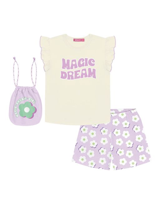 Pijama Infantil Menina Blusa, Short E Bolso Magic Dream Natural E Lilás Cinti