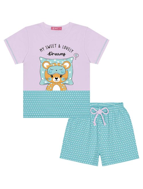 Pijama Infantil Menina Blusa E Short Ursinho Poá Lilás E Azul Cinti