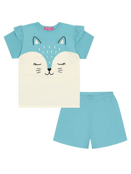 Pijama Infantil Menina Blusa E Short Gatinha Azul Cinti