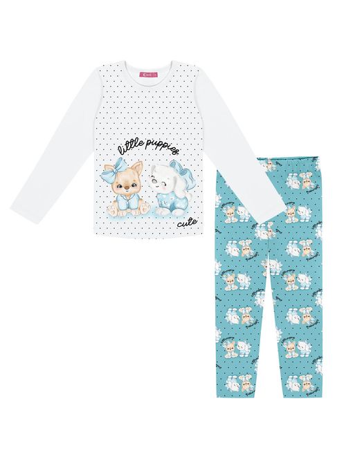 Pijama Infantil Menina Blusa E Legging Cachorrinhos Branco E Azul Cinti