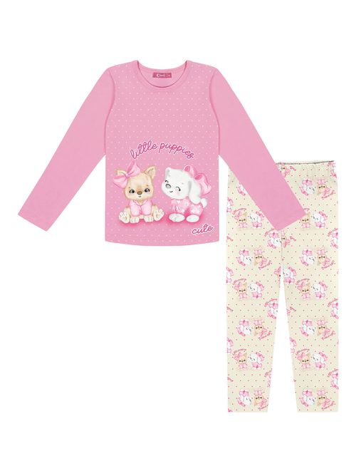 Pijama Infantil Menina Blusa E Legging Cachorrinhos Rosa E Natural Cinti