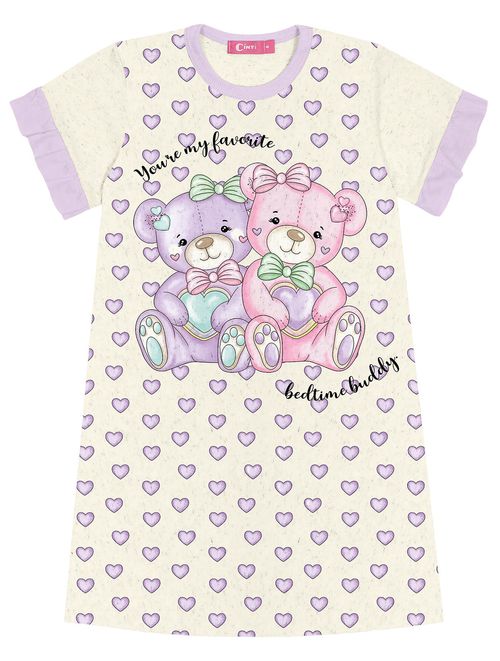 Pijama Infantil Menina Camisola Ursinho Off White E Lilás Cinti