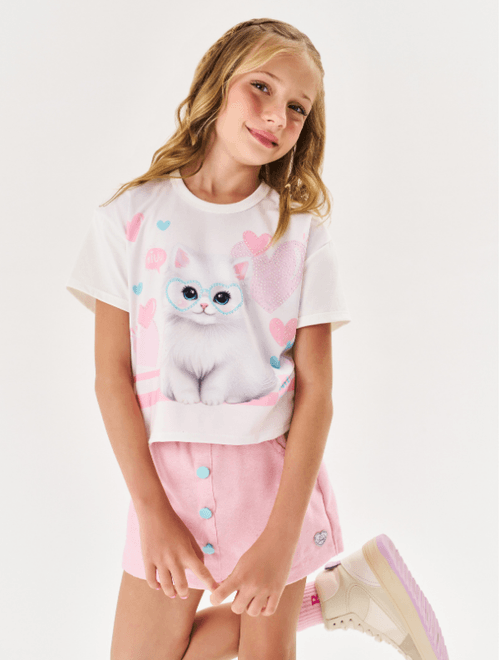 Conjunto Infantil Menina Blusa Boxy Gatinho E Short-Saia Natural E Lilás Cinti