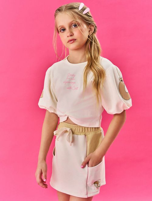 Conjunto Infantil Menina Blusa Cropped E Short-Saia Rosa E Natural Cinti