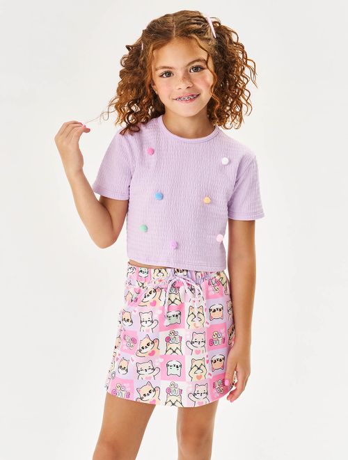 Conjunto Infantil Menina Blusa Com Pompom E Short-Saia Azul E Lilás Cinti