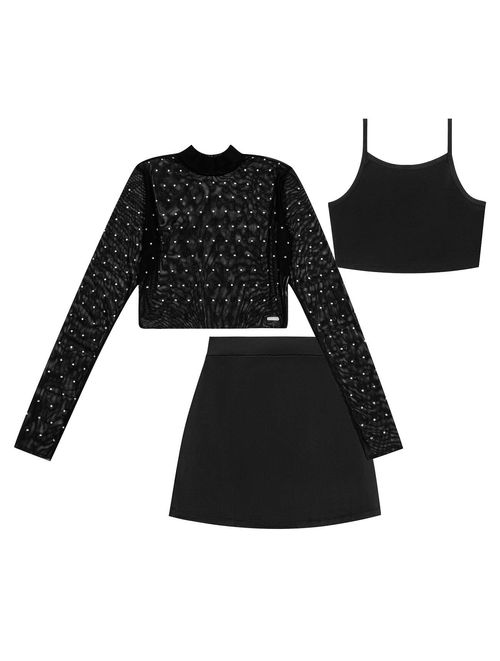 Conjunto Teen Feminimo Blusa Cropped Com Strass, Top E Saia Preto Dway