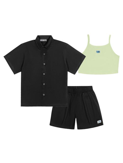 Conjunto Teen Feminino Camisa, Short E Top Preto E Verde Dway