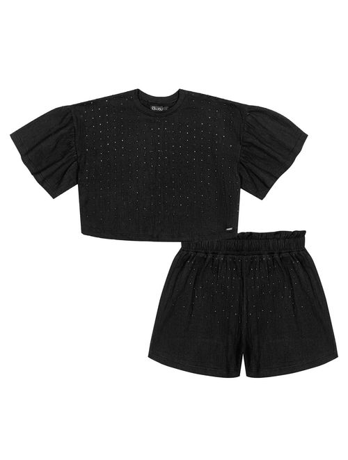 Conjunto Teen Feminino Blusa Cropped E Short Strass Preto Dway