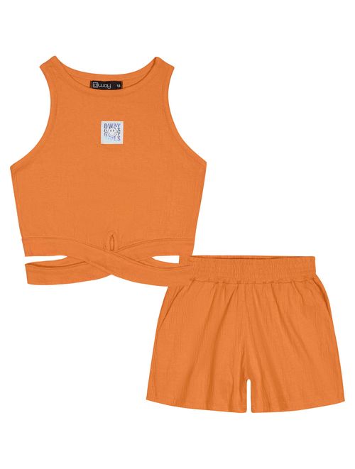 Conjunto Teen Feminino Regata Cropped E Short Laranja Dway