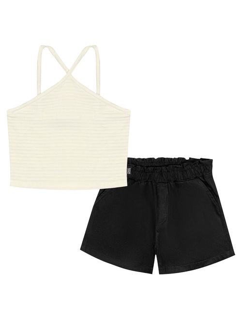 Conjunto Teen Feminino Regata Cropped E Short Clochard Natural E Preto Dway