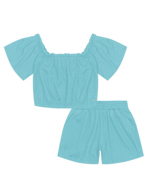 Conjunto Teen Feminino Monocromático Blusa E Short Lastex Azul Dway