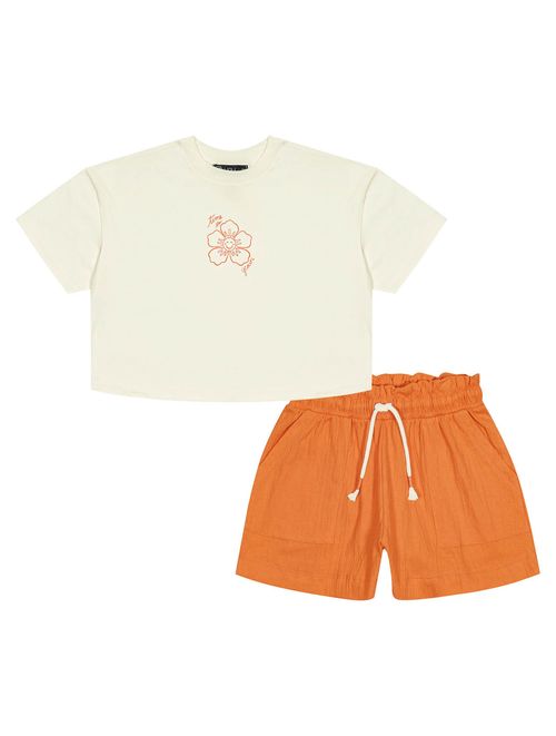 Conjunto Teen Feminino Blusa Time To Grow E Short Natural E Laranja Dway