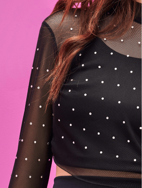 Conjunto Teen Feminimo Blusa Cropped Com Strass, Top E Saia Preto Dway