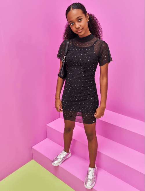 Vestido Teen Feminino Com Sobreposição Preto Dway