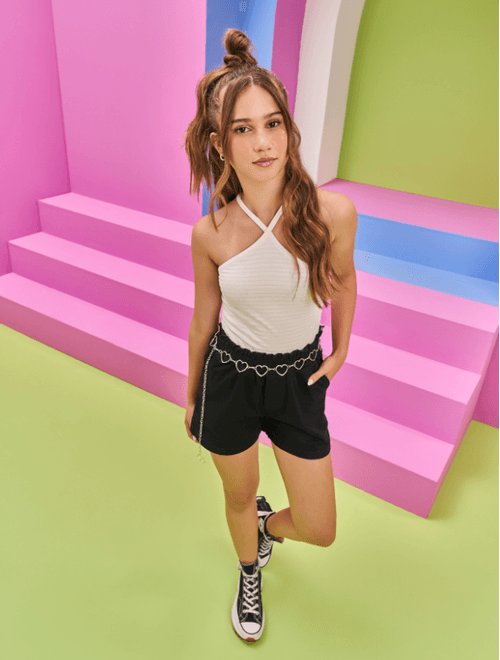 Conjunto Teen Feminino Regata Cropped E Short Clochard Natural E Preto Dway