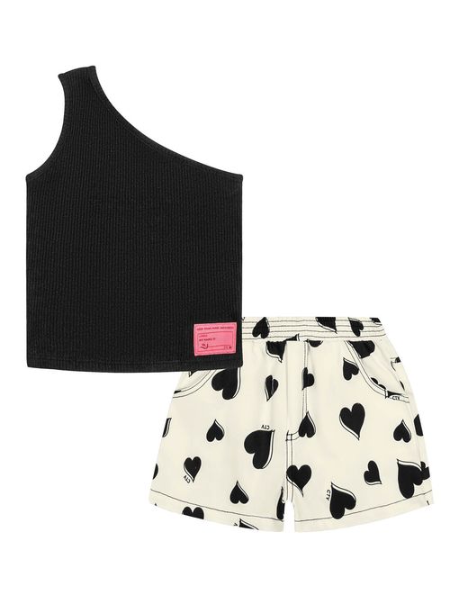 Conjunto Infantil Menina Blusa e Short Corações Preto e Natural Catavento