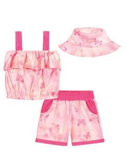 Conjunto Infantil Menina Blusa, Short e Bucket Borboletas Rosa Neon Catavento