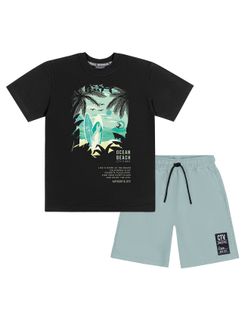 Conjunto Infantil Menino Camiseta e Bermuda Que Revela Na Água Preto e Verde Catavento