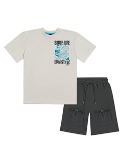 Conjunto Infantil Menino Camiseta e Bermuda Estampa Costas Surf Cinza Catavento