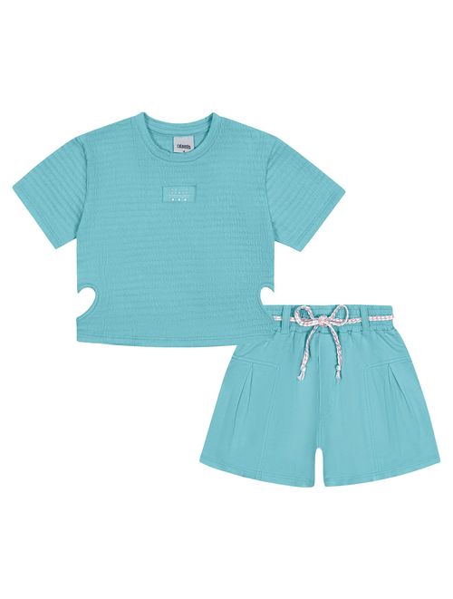 Conjunto Infantil Menina Blusa e Short Com Recorte Azul Catavento