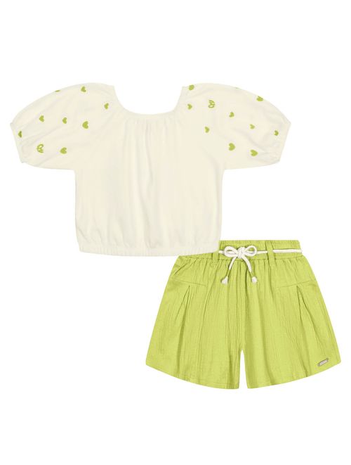 Conjunto Infantil Menina Blusa Com Bordado e Short Verde e Verde Catavento