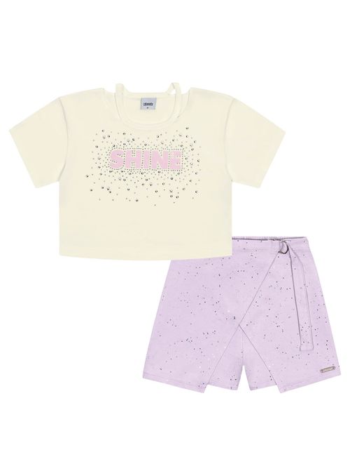 Conjunto Infantil Menina Blusa e Short-Saia Shine Verde e Lilás Catavento