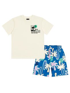 Conjunto Infantil Menino Camiseta e Bermuda Total Print Natural e Azul Catavento