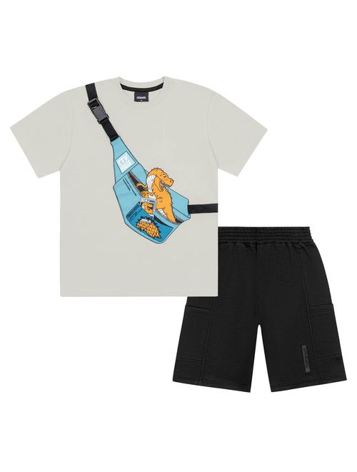 Conjunto Infantil Menino Play Camiseta e Bermuda Dino Pochete Cinza e Preto Catavento