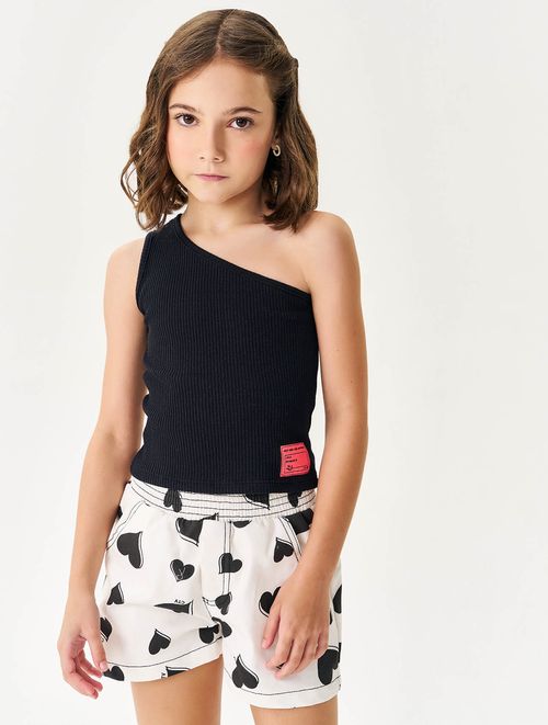 Conjunto Infantil Menina Blusa e Short Corações Preto e Natural Catavento