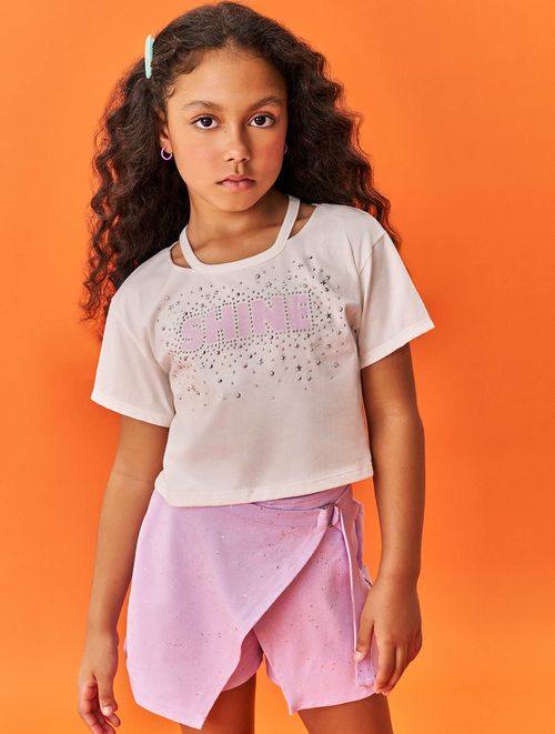 Conjunto Infantil Menina Blusa e Short-Saia Shine Verde e Lilás Catavento