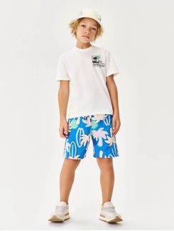 Conjunto Infantil Menino Camiseta e Bermuda Total Print Natural e Azul Catavento