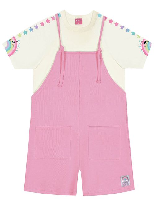 Conjunto Infantil Menina Blusa Arco-Íris E Jardineira Natural E Rosa Cinti