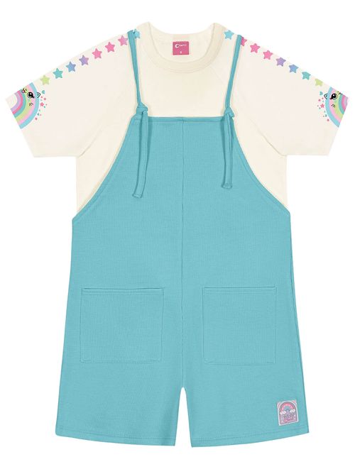 Conjunto Infantil Menina Blusa Arco-Íris E Jardineira Natural E Azul Cinti