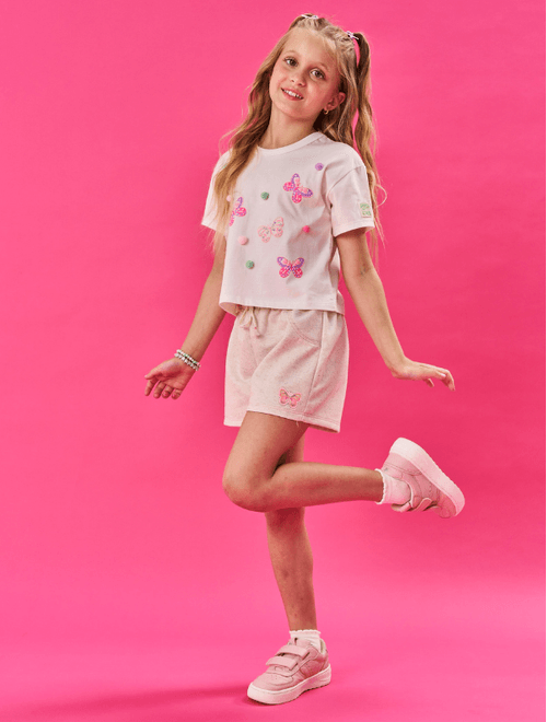 Conjunto Infantil Menina Blusa Boxy E Short  Borboletas E Pompom Lilás E Off White Cinti