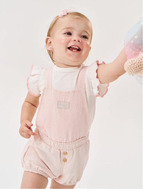 Conjunto Bebê Menina Blusa E Jardineira Natural E Lilás Cinti