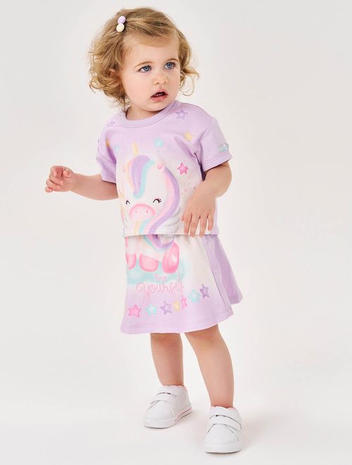 Conjunto Bebê Menina Blusa E Saia-Short Unicórnio Rosa Cinti