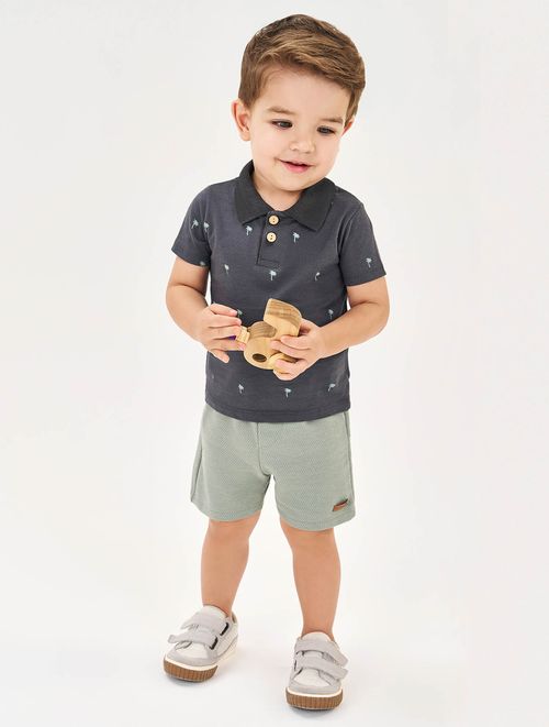 Conjunto Bebê Menino Camisa Polo Coqueiro E Bermuda Branco E Azul Divertto