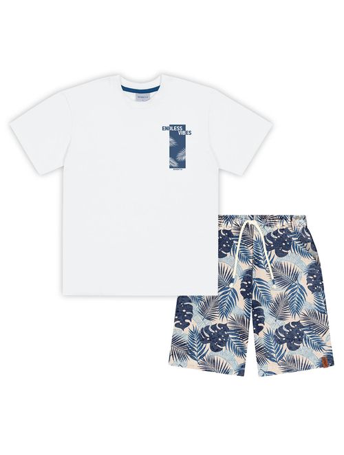 Conjunto Infantil Menino Camiseta E Bermuda Total Print Branco E Azul Divertto