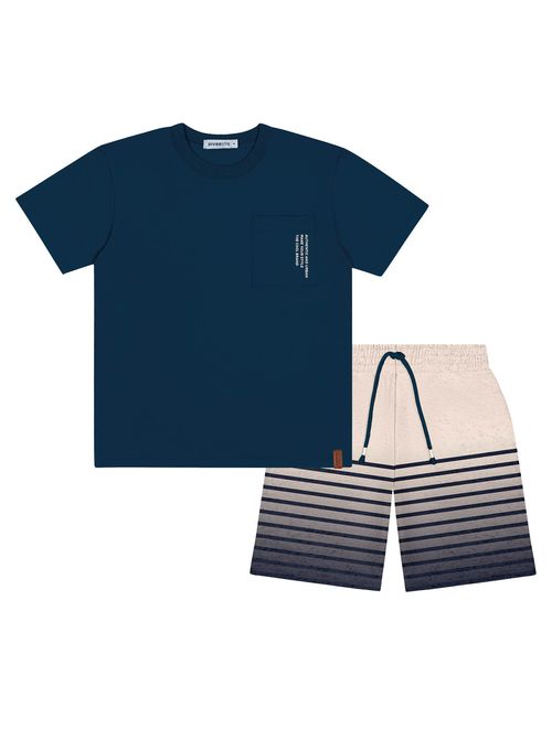 Conjunto Infantil Menino Camiseta E Bermuda Listrada Azul Marinho Divertto