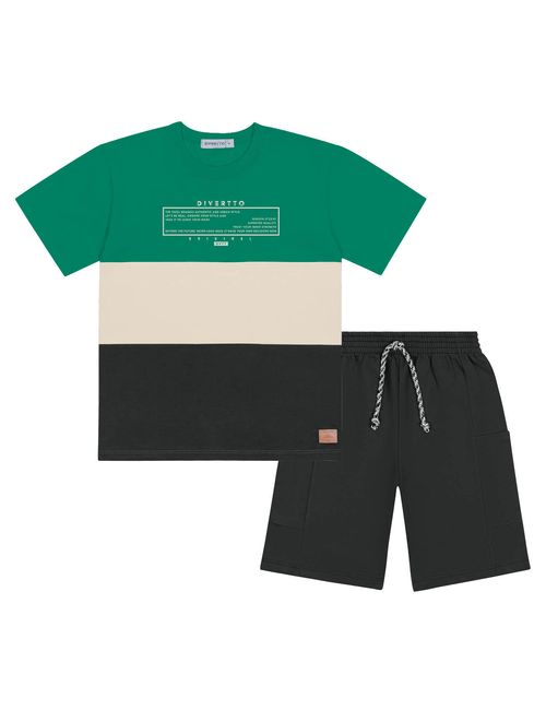 Conjunto Infantil Menino Camiseta Listrada E Bermuda Verde E Chumbo Divertto