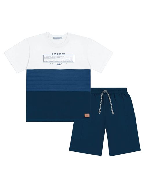 Conjunto Infantil Menino Camiseta Listrada E Bermuda Branco E Azul Marinho Divertto