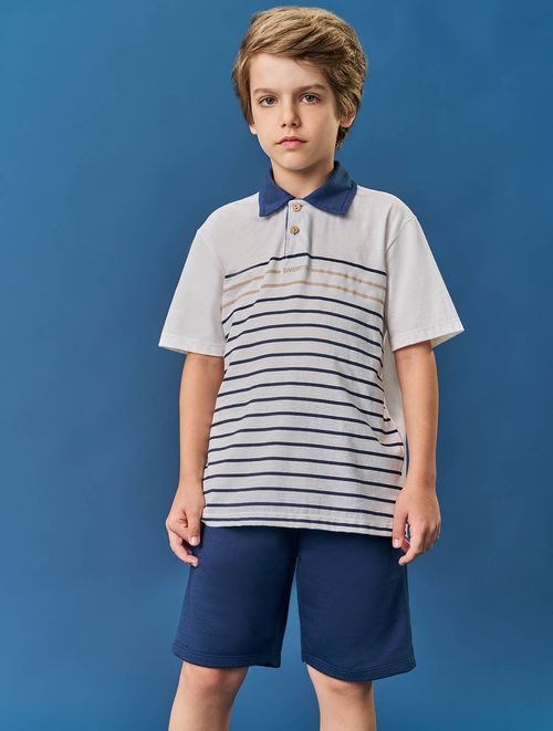 Conjunto Infantil Menino Camisa Polo Listrada E Bermuda Natural E Azul Divertto